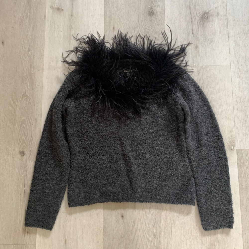 Michelle Nicole Ostrich Feather Trim Boucle Knit Sweater Charcoal Grey Wool Mix